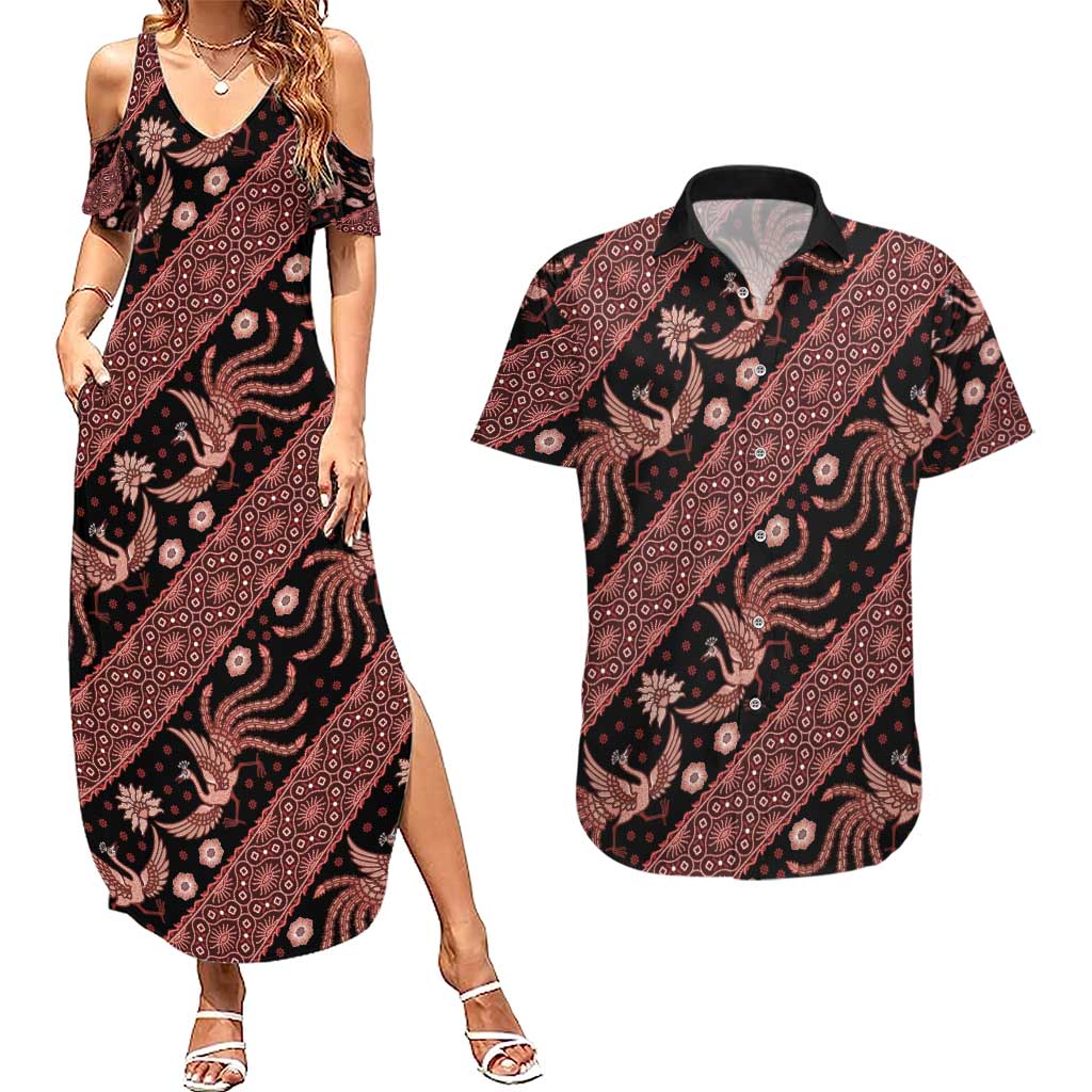 Indonesia Batik Pattern Couples Matching Summer Maxi Dress and Hawaiian Shirt Red Version - Wonder Print Shop