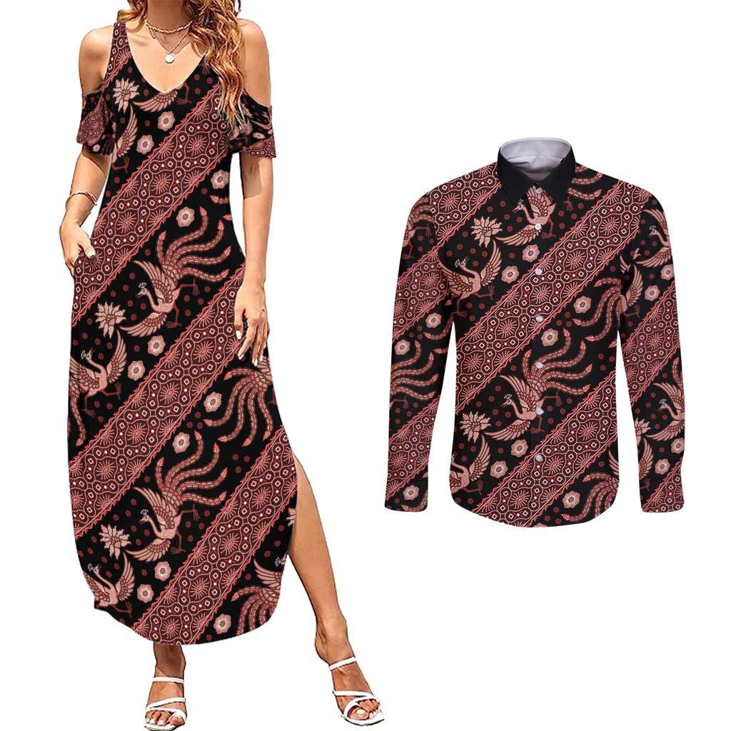 Indonesia Batik Pattern Couples Matching Summer Maxi Dress and Long Sleeve Button Shirt Red Version - Wonder Print Shop