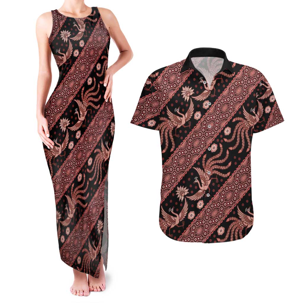 Indonesia Batik Pattern Couples Matching Tank Maxi Dress and Hawaiian Shirt Red Version - Wonder Print Shop