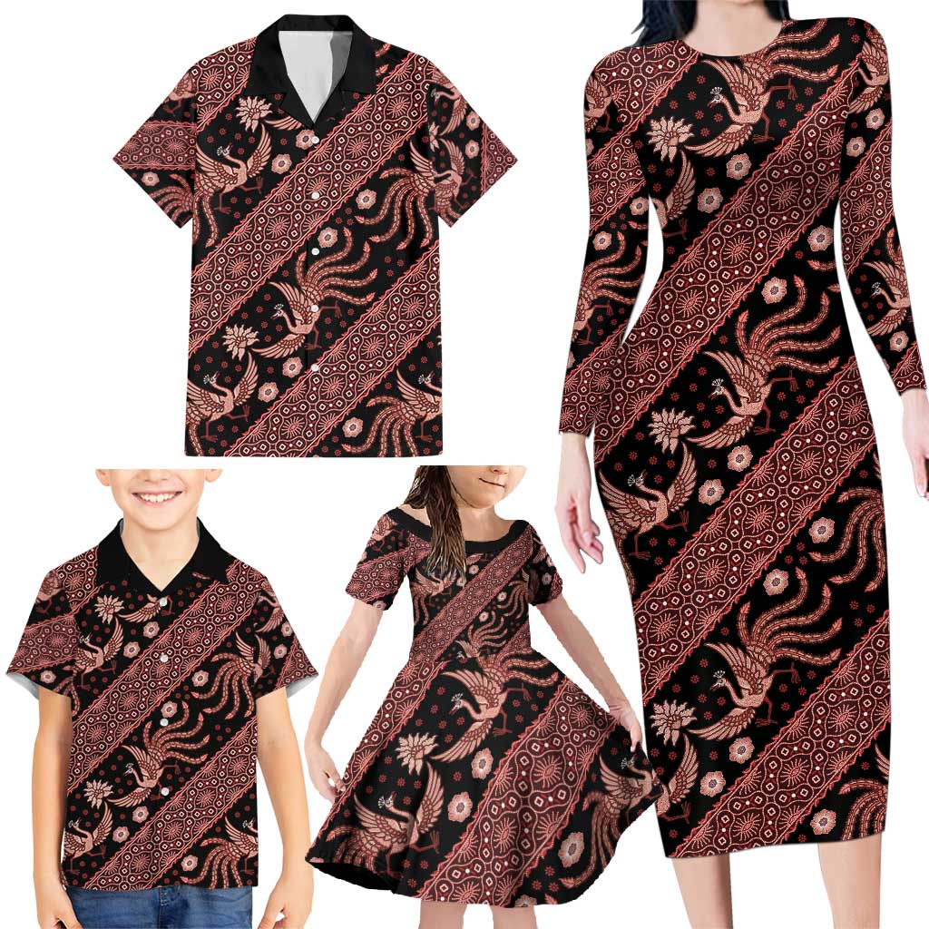 Indonesia Batik Pattern Family Matching Long Sleeve Bodycon Dress and Hawaiian Shirt Red Version - Wonder Print Shop