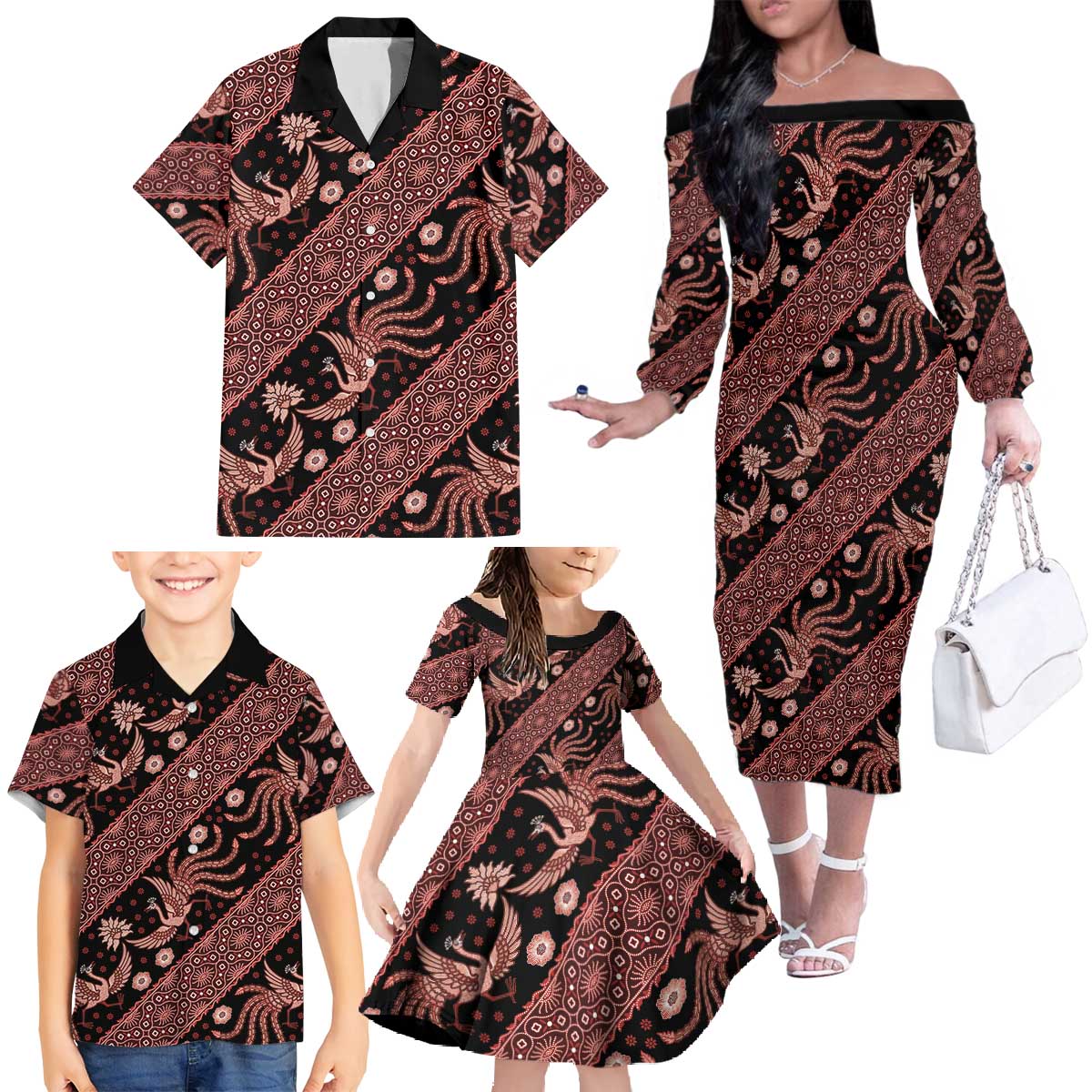 Indonesia Batik Pattern Family Matching Off The Shoulder Long Sleeve Dress and Hawaiian Shirt Red Version - Wonder Print Shop