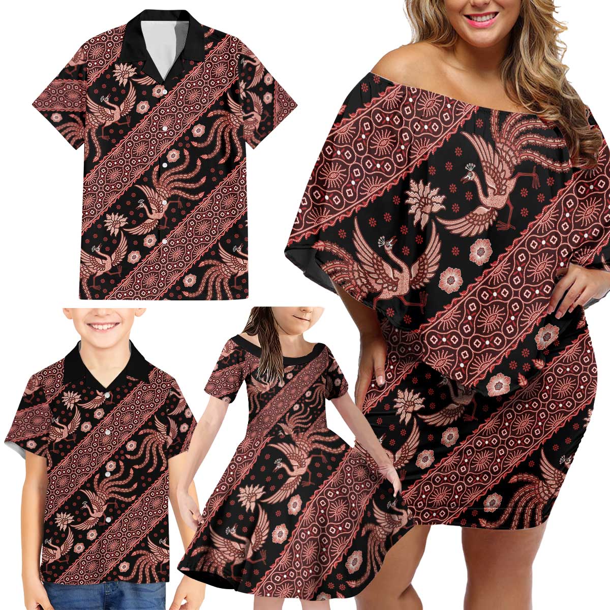 Indonesia Batik Pattern Family Matching Off Shoulder Short Dress and Hawaiian Shirt Red Version - Wonder Print Shop