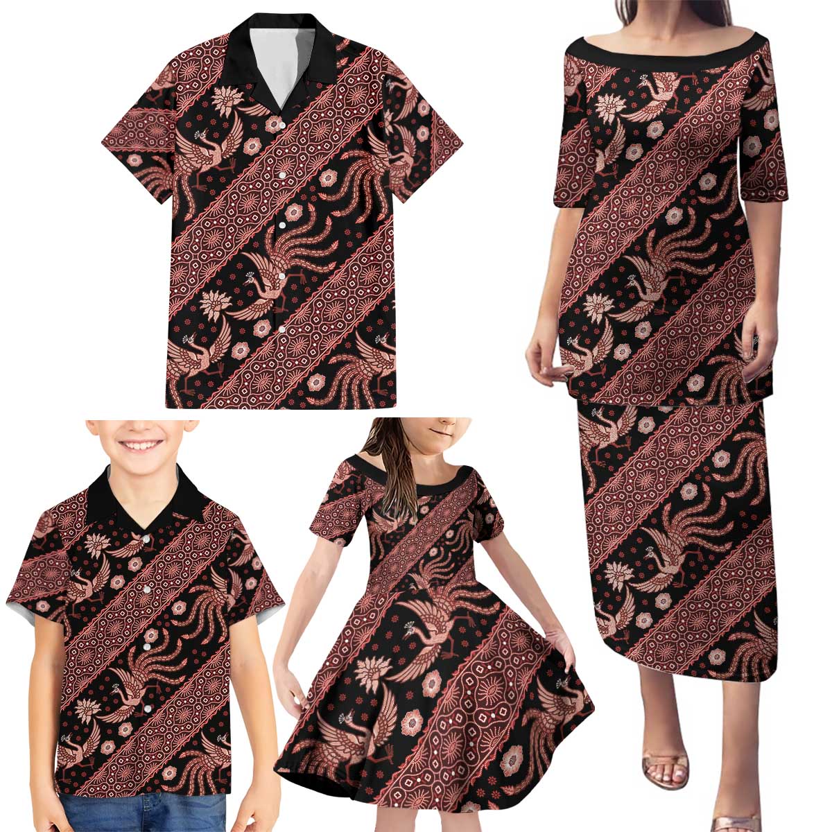 Indonesia Batik Pattern Family Matching Puletasi and Hawaiian Shirt Red Version - Wonder Print Shop