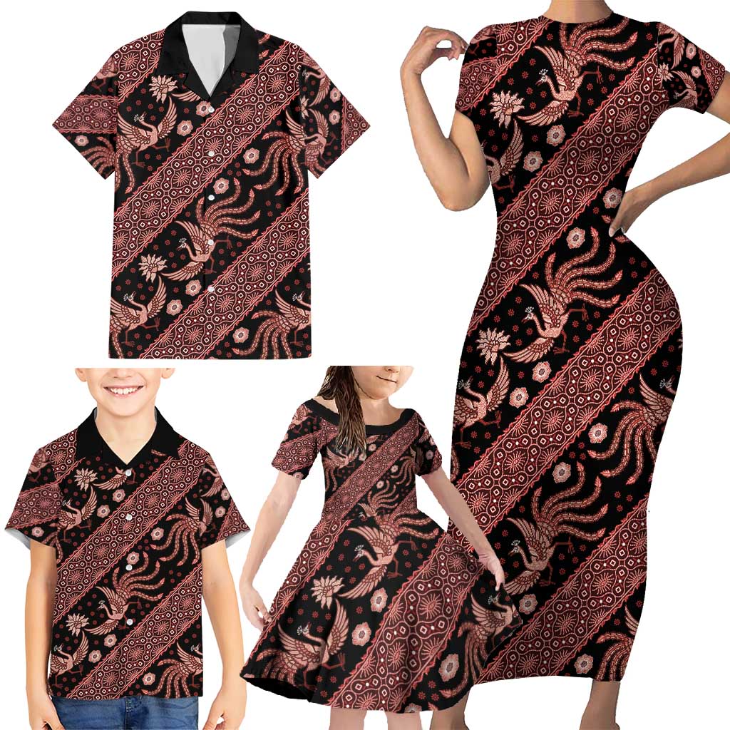 Indonesia Batik Pattern Family Matching Short Sleeve Bodycon Dress and Hawaiian Shirt Red Version - Wonder Print Shop