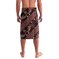 Batik wrap skirt, black with red-brown bands and floral motifs, straight knee length