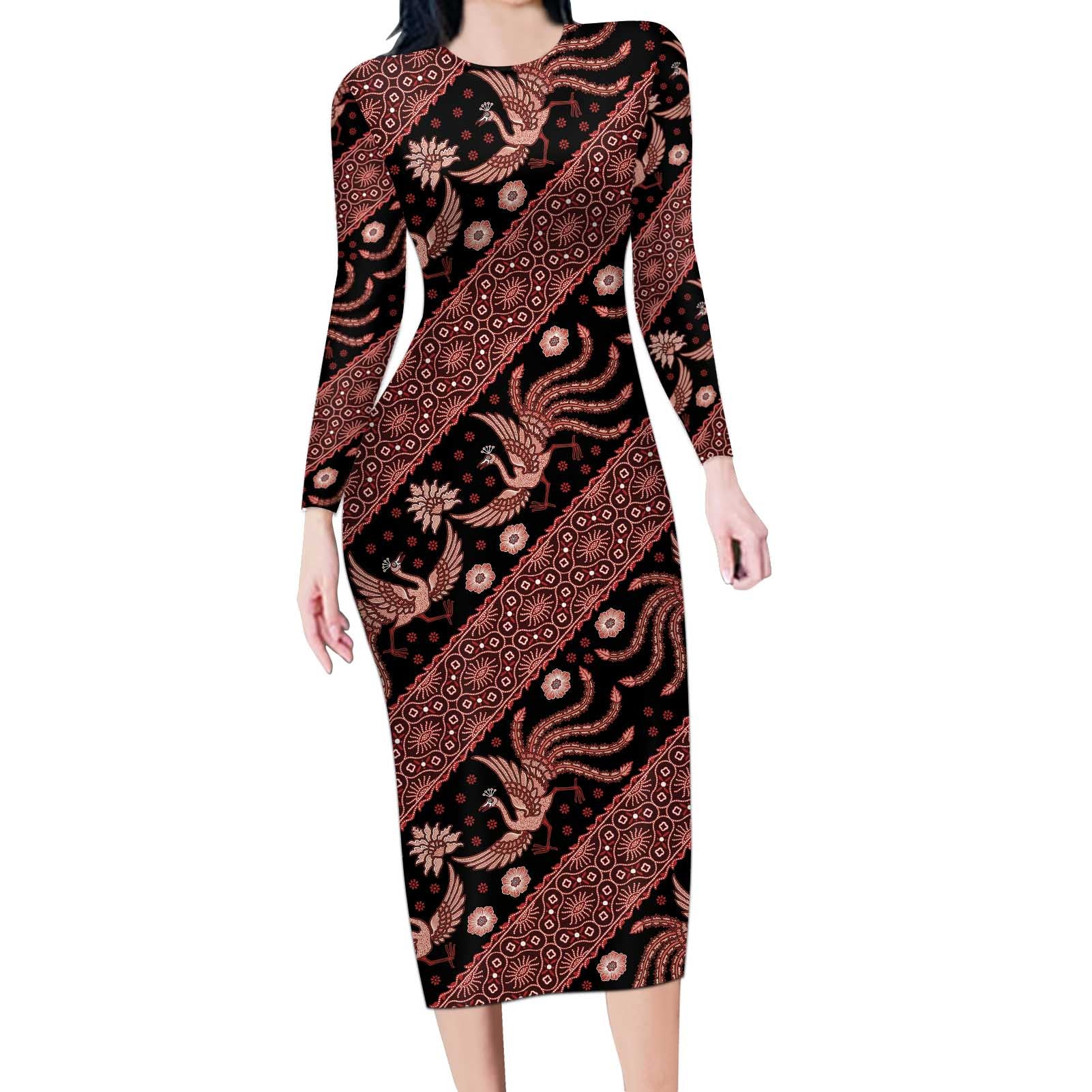 Indonesia Batik Pattern Long Sleeve Bodycon Dress Red Version - Wonder Print Shop