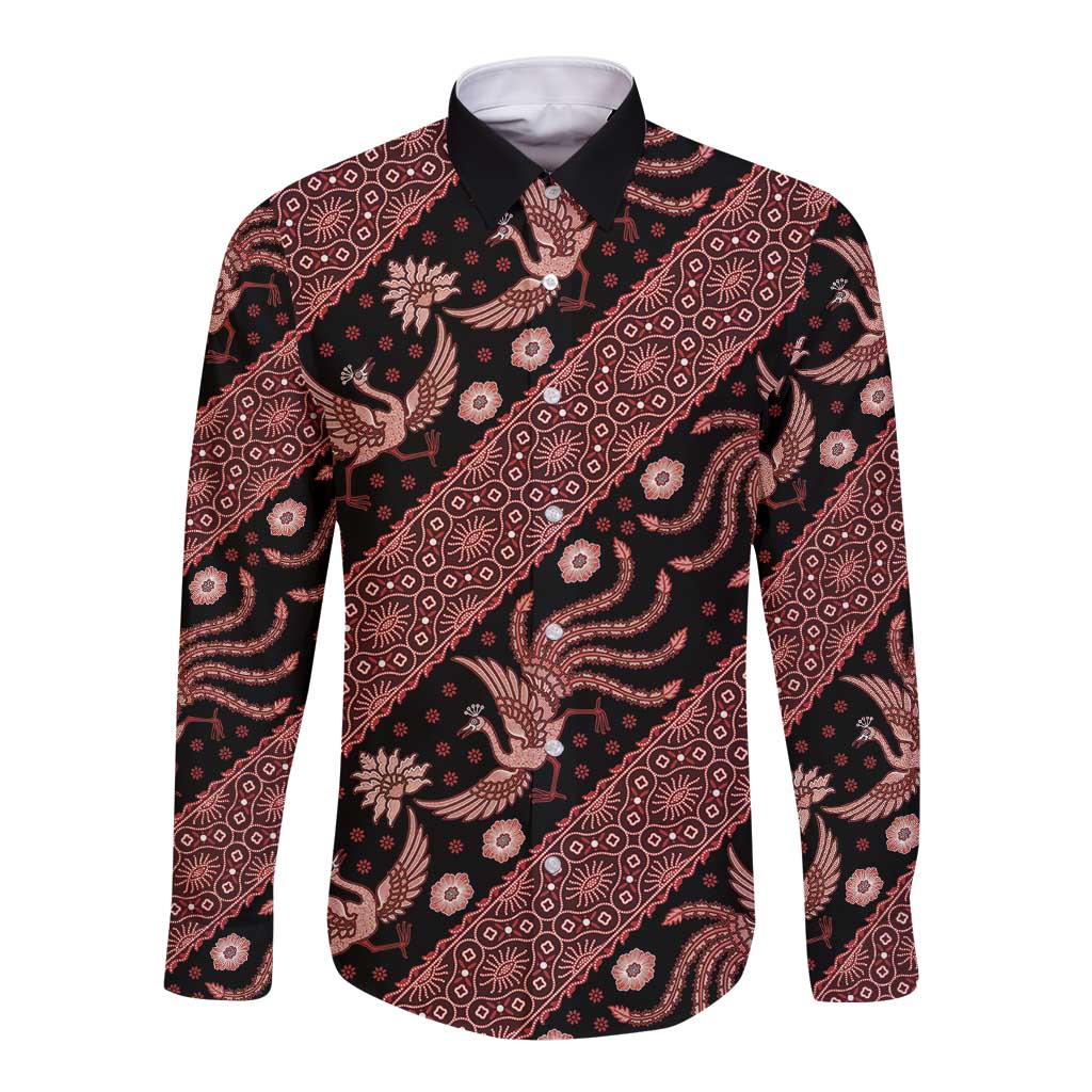 Batik long-sleeve button shirt, black with red floral and bird pattern, pointed collar front