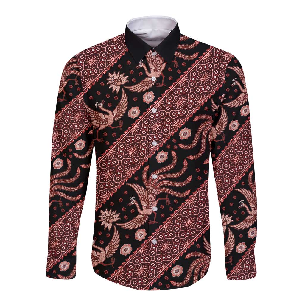 Indonesia Batik Pattern Long Sleeve Button Shirt Red Version - Wonder Print Shop