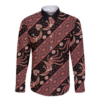 Batik long-sleeve button shirt, black with red floral and bird pattern, pointed collar front