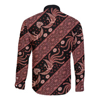 Batik long-sleeve button shirt with black base and red bird pattern, stand collar, back view