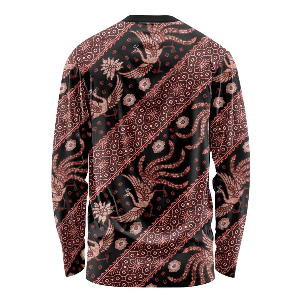Batik long-sleeve shirt with black base and red geometric floral dragon pattern, crew neck