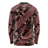 Batik long-sleeve shirt with black base and red geometric floral dragon pattern, crew neck