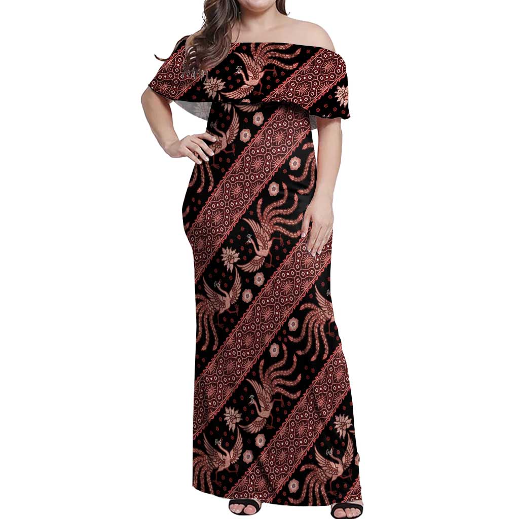 Indonesia Batik Pattern Off Shoulder Maxi Dress Red Version - Wonder Print Shop