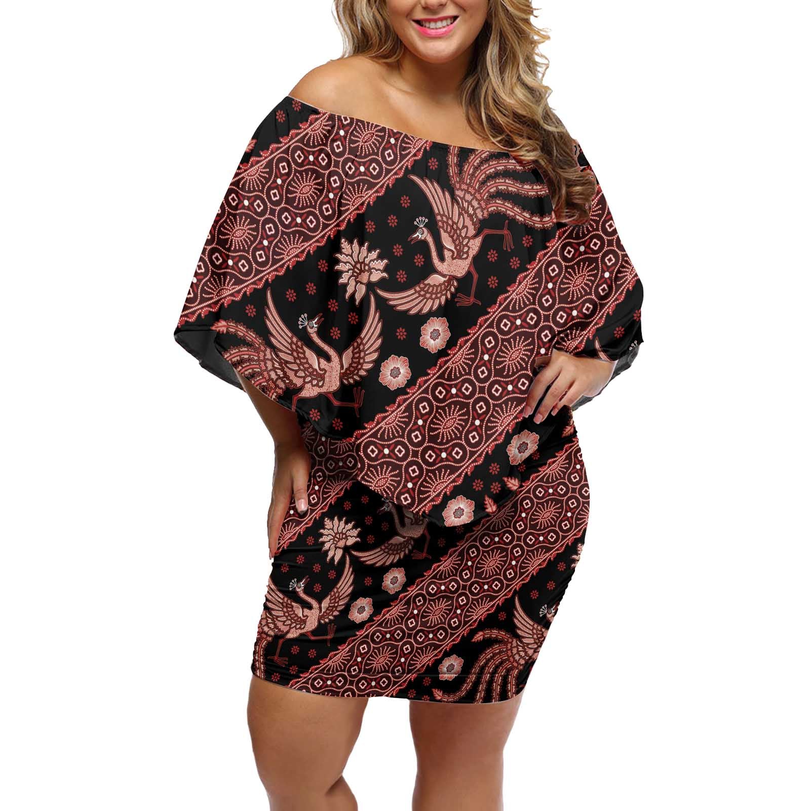 Indonesia Batik Pattern Off Shoulder Short Dress Red Version - Wonder Print Shop