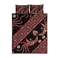 Batik quilt bed set product view: dark quilt with red batik lines, bird and floral motifs, 2 pillows