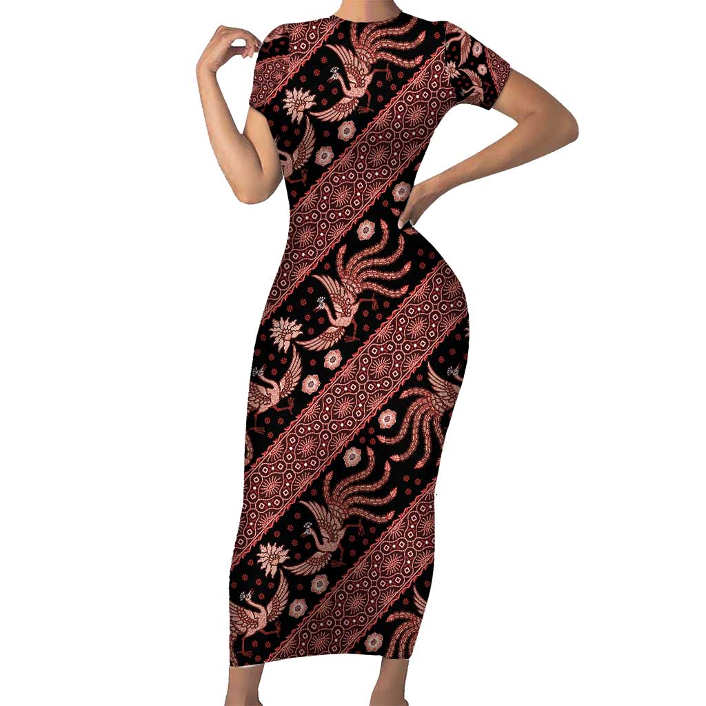 Indonesia Batik Pattern Short Sleeve Bodycon Dress Red Version - Wonder Print Shop