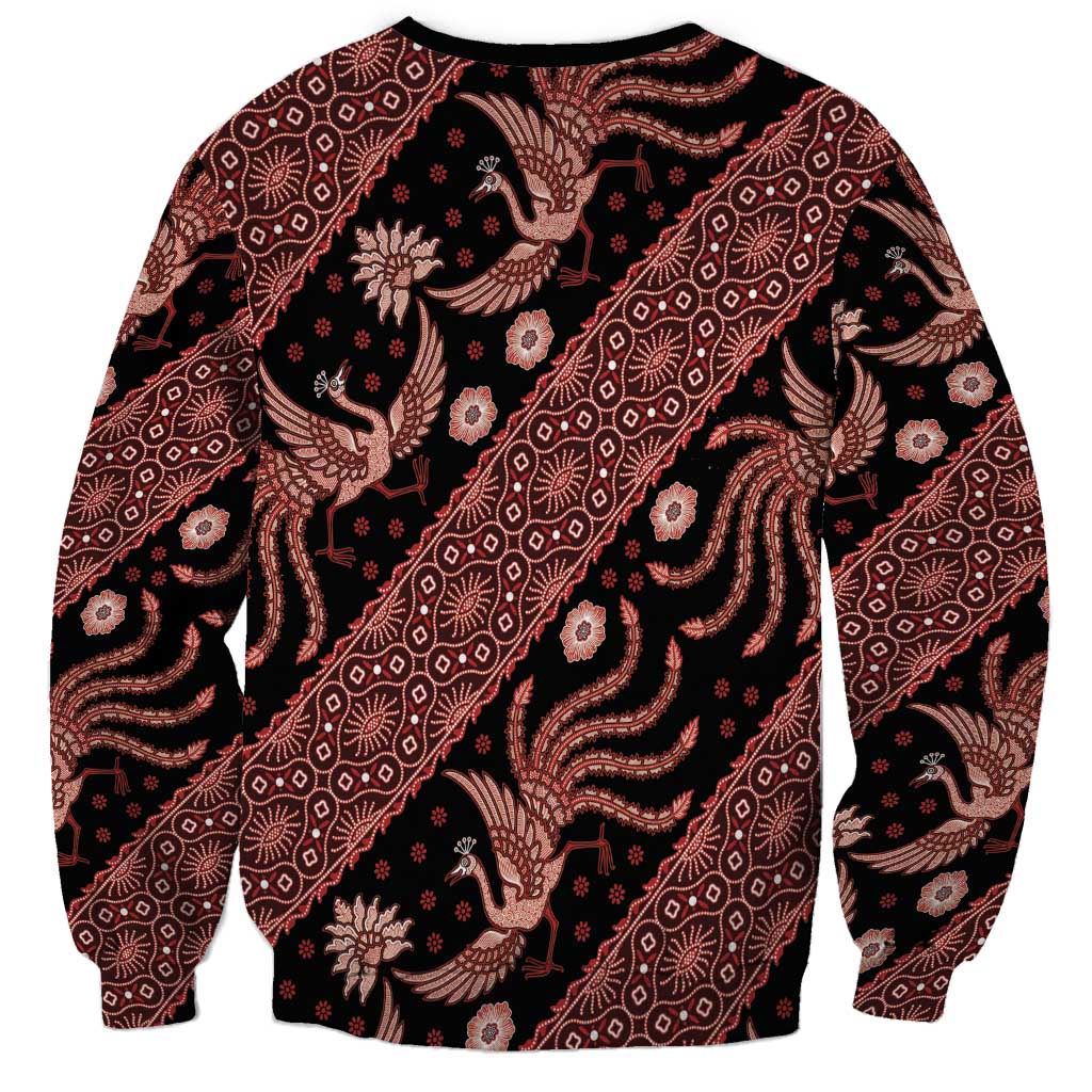 Unisex crewneck sweatshirt back with red and black batik motifs, long sleeves