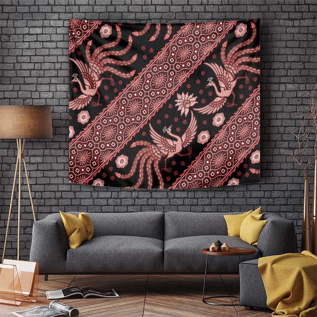 Indonesia batik tapestry with dark background and red floral bird pattern, rectangular hanging
