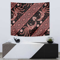 Indonesia batik tapestry on wall with dark background and red floral bird design, rectangular