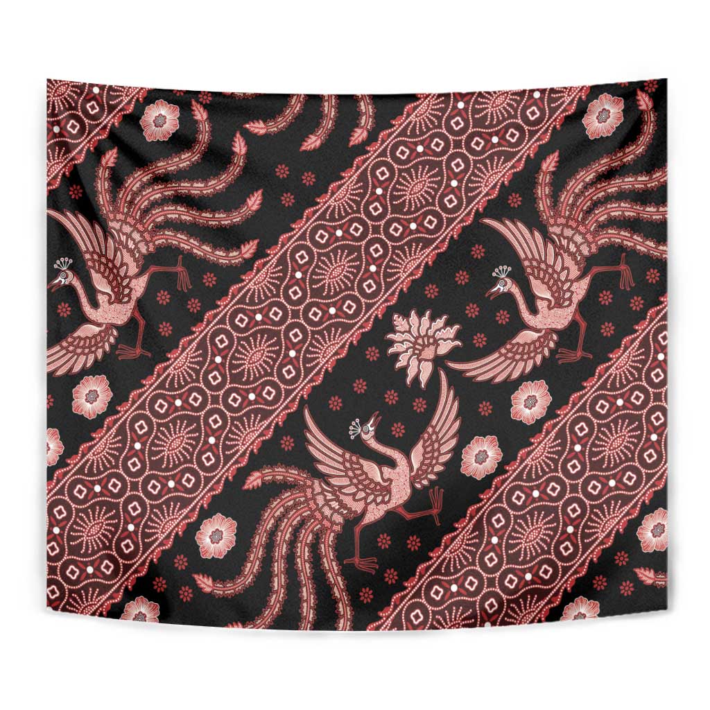 Indonesia batik tapestry front view with dark background and red floral bird pattern, curved hem
