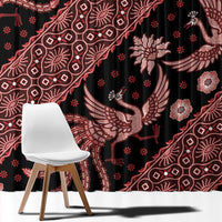 Red-and-pink batik pattern fabric with birds, flowers, and dots on black