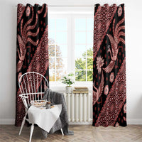 Black window curtains with red batik-style animal and floral motifs
