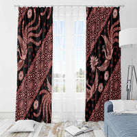 Black window curtains with red batik pattern panels and sheer white accents