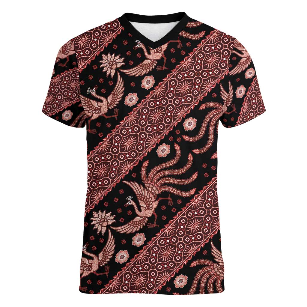 Indonesia Batik Pattern Women V-Neck T-Shirt Red Version - Wonder Print Shop