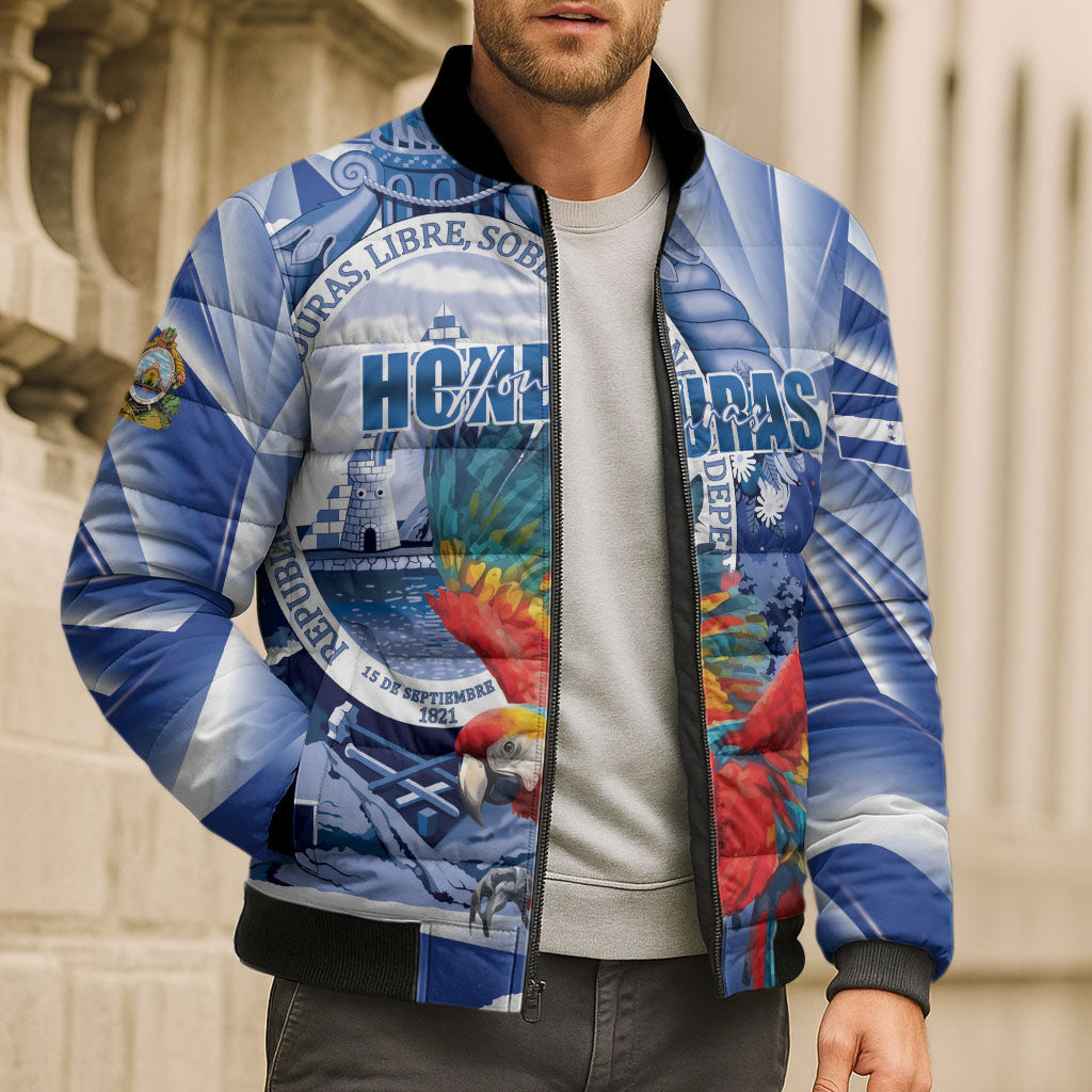 Personalized Honduras Scarlet Macaw Bomber Puffer Jacket Happy Independence Day