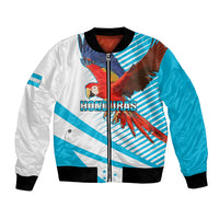 Unisex blue and white bomber jacket with full-zip front, black ribbed cuffs, macaw print
