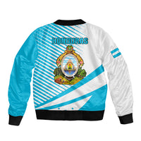 Unisex blue and white bomber jacket with coat of arms crest, ribbed collar, full-zip
