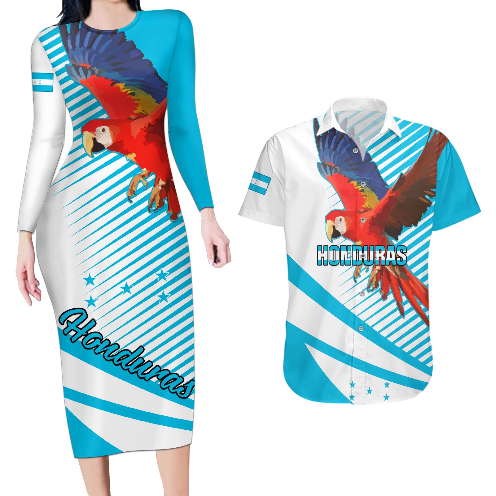 Honduras Couples Matching Long Sleeve Bodycon Dress and Hawaiian Shirt Coat Of Arms With Scarlet Macaw - Wonder Print Shop