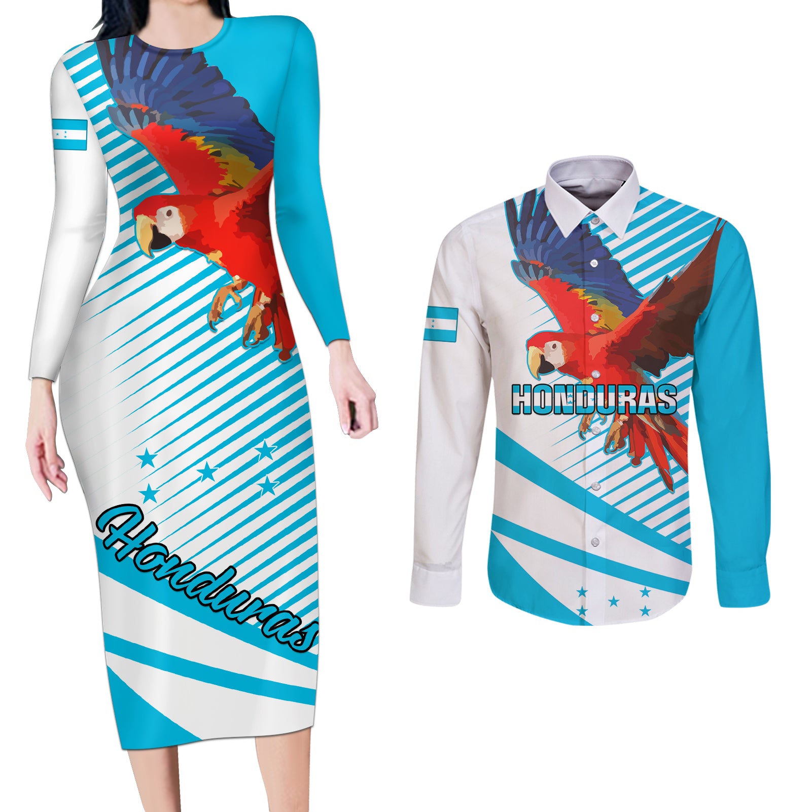 Honduras Couples Matching Long Sleeve Bodycon Dress and Long Sleeve Button Shirts Coat Of Arms With Scarlet Macaw - Wonder Print Shop