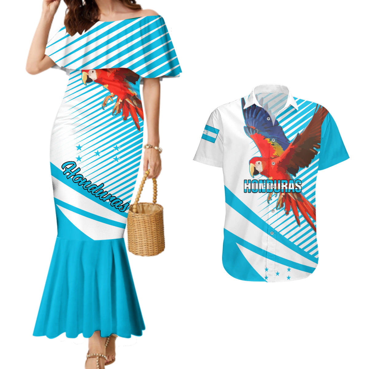 Honduras Couples Matching Mermaid Dress and Hawaiian Shirt Coat Of Arms With Scarlet Macaw - Wonder Print Shop