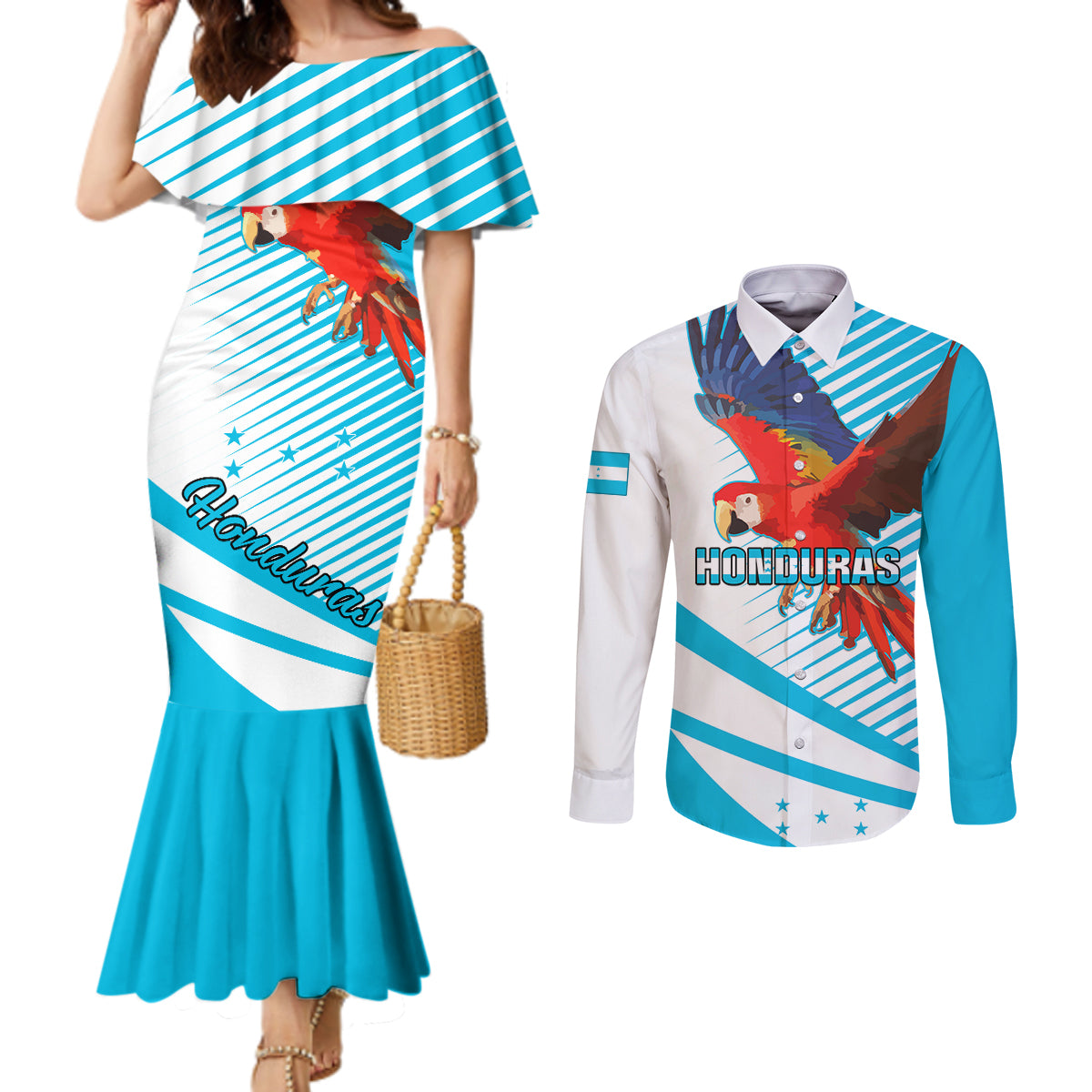 honduras-couples-matching-mermaid-dress-and-long-sleeve-button-shirts-coat-of-arms-with-scarlet-macaw