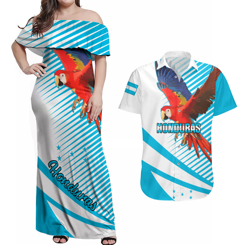 Honduras Couples Matching Off Shoulder Maxi Dress and Hawaiian Shirt Coat Of Arms With Scarlet Macaw - Wonder Print Shop