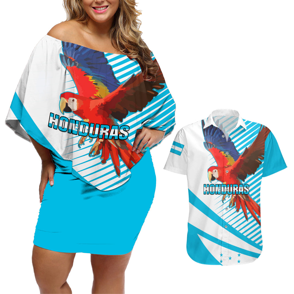 Honduras Couples Matching Off Shoulder Short Dress and Hawaiian Shirt Coat Of Arms With Scarlet Macaw - Wonder Print Shop