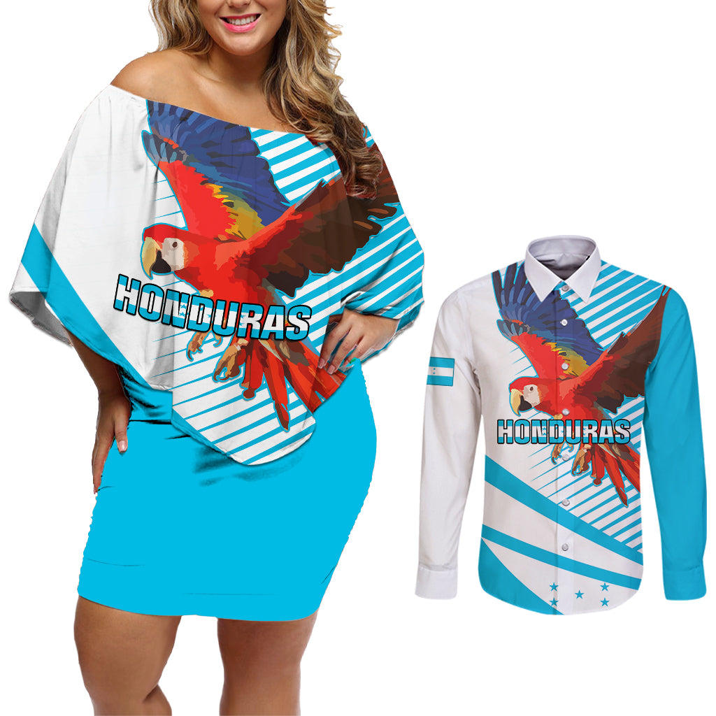 Honduras Couples Matching Off Shoulder Short Dress and Long Sleeve Button Shirts Coat Of Arms With Scarlet Macaw - Wonder Print Shop