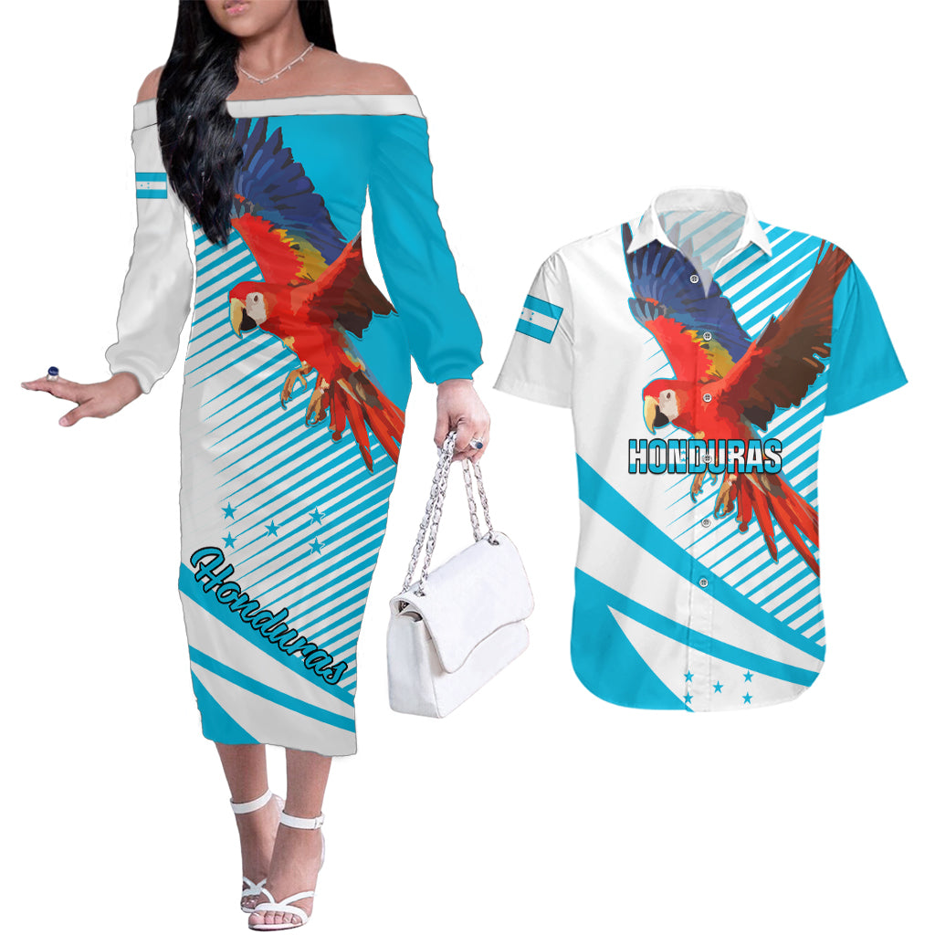 Honduras Couples Matching Off The Shoulder Long Sleeve Dress and Hawaiian Shirt Coat Of Arms With Scarlet Macaw - Wonder Print Shop