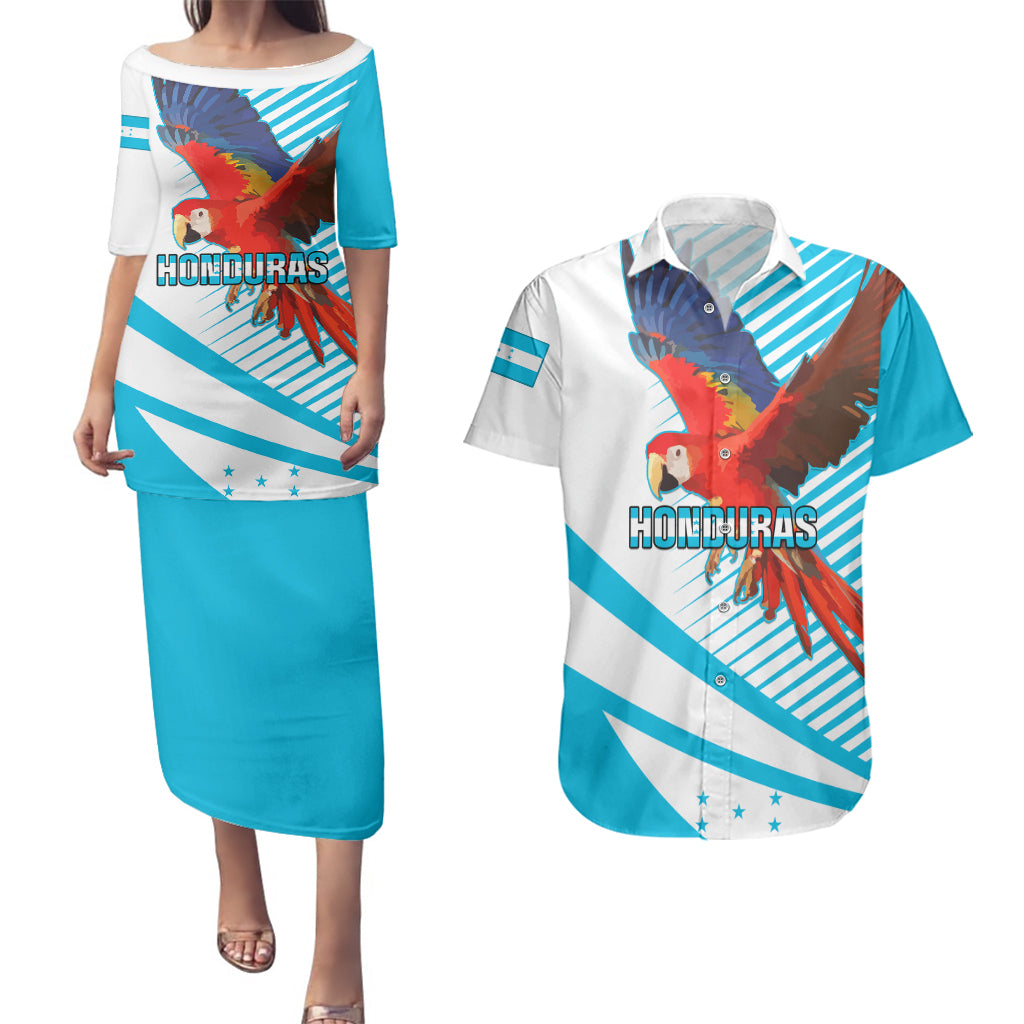 Honduras Couples Matching Puletasi Dress and Hawaiian Shirt Coat Of Arms With Scarlet Macaw - Wonder Print Shop