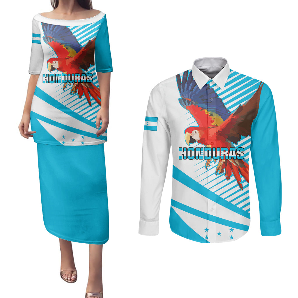 Honduras Couples Matching Puletasi Dress and Long Sleeve Button Shirts Coat Of Arms With Scarlet Macaw - Wonder Print Shop