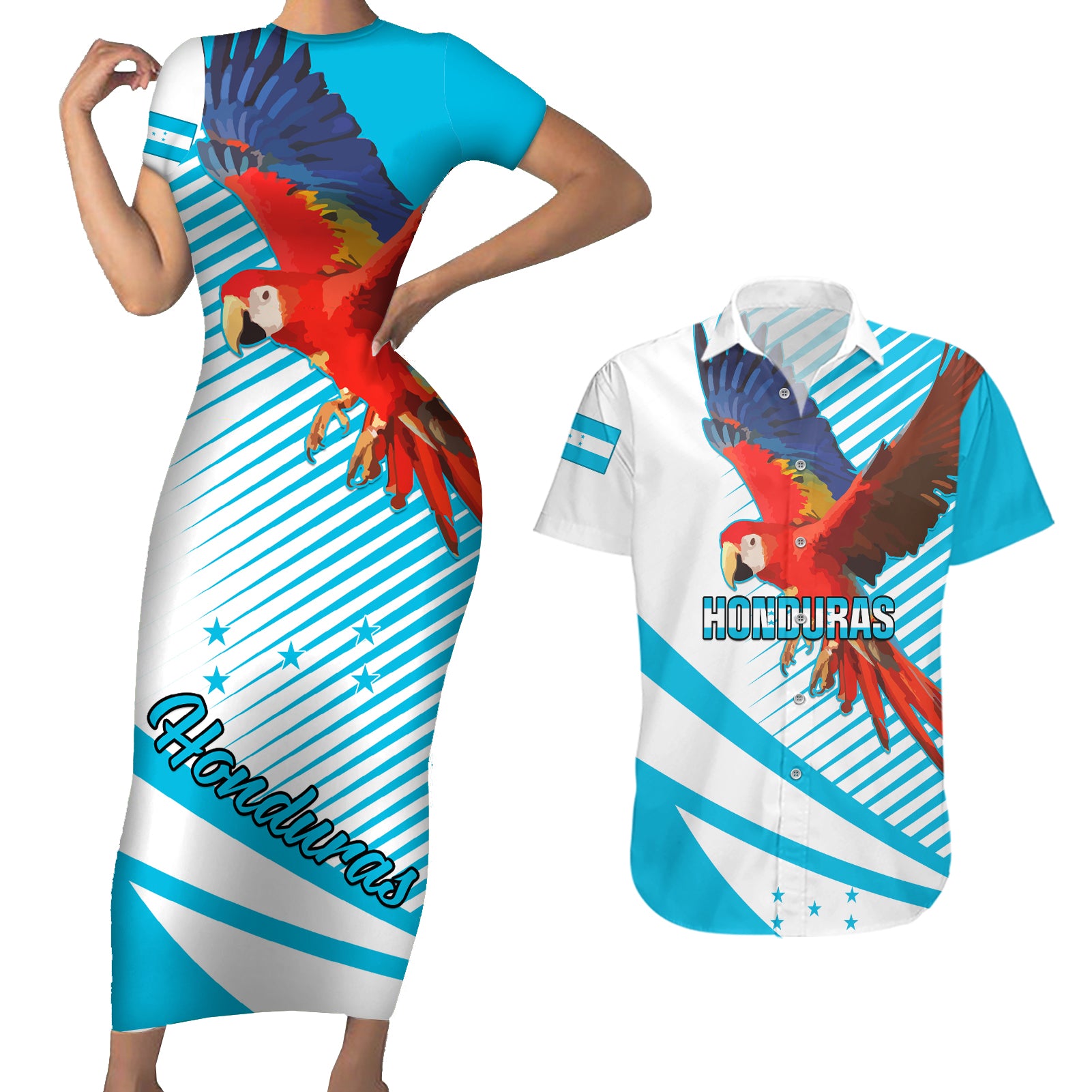 Honduras Couples Matching Short Sleeve Bodycon Dress and Hawaiian Shirt Coat Of Arms With Scarlet Macaw - Wonder Print Shop