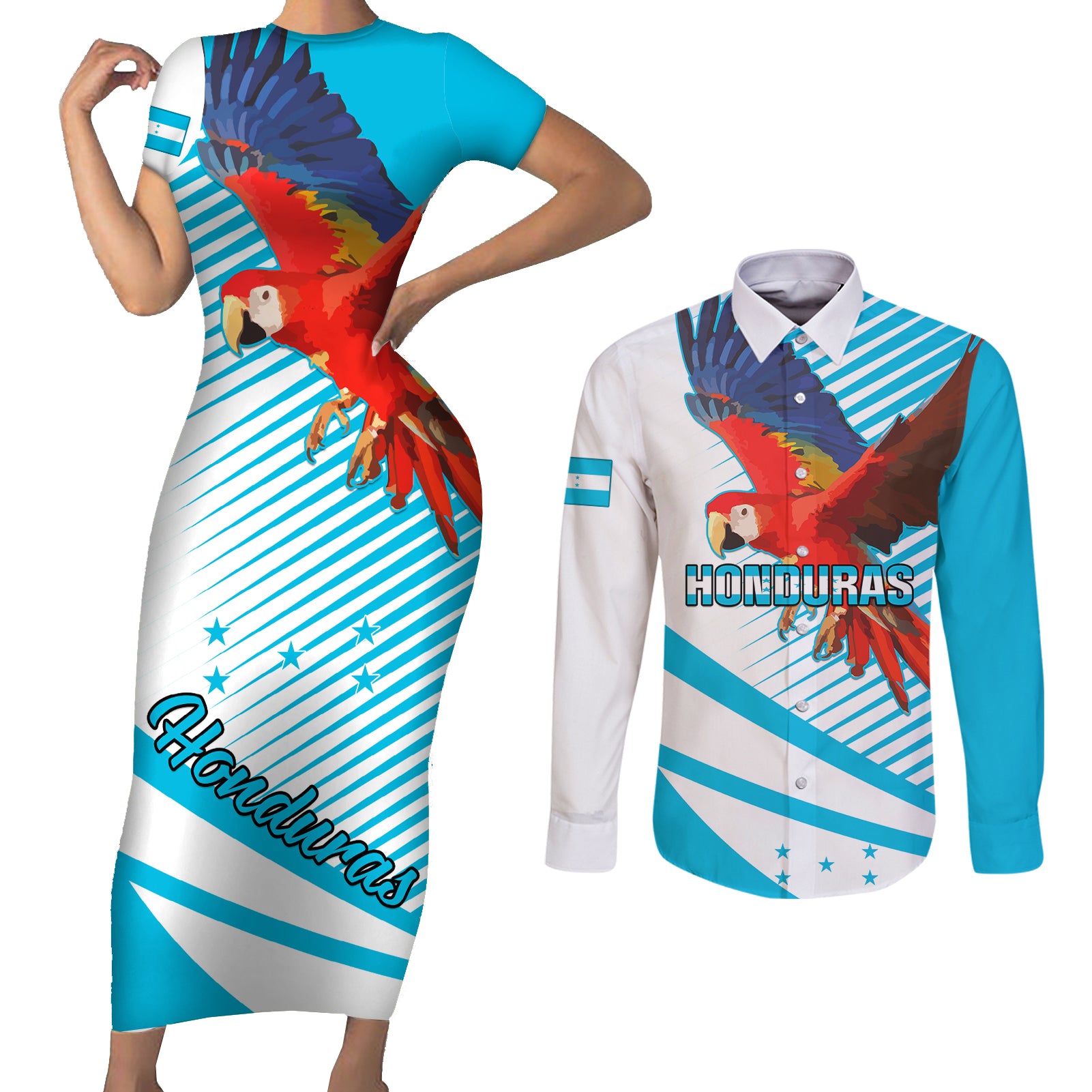 Honduras Couples Matching Short Sleeve Bodycon Dress and Long Sleeve Button Shirts Coat Of Arms With Scarlet Macaw - Wonder Print Shop