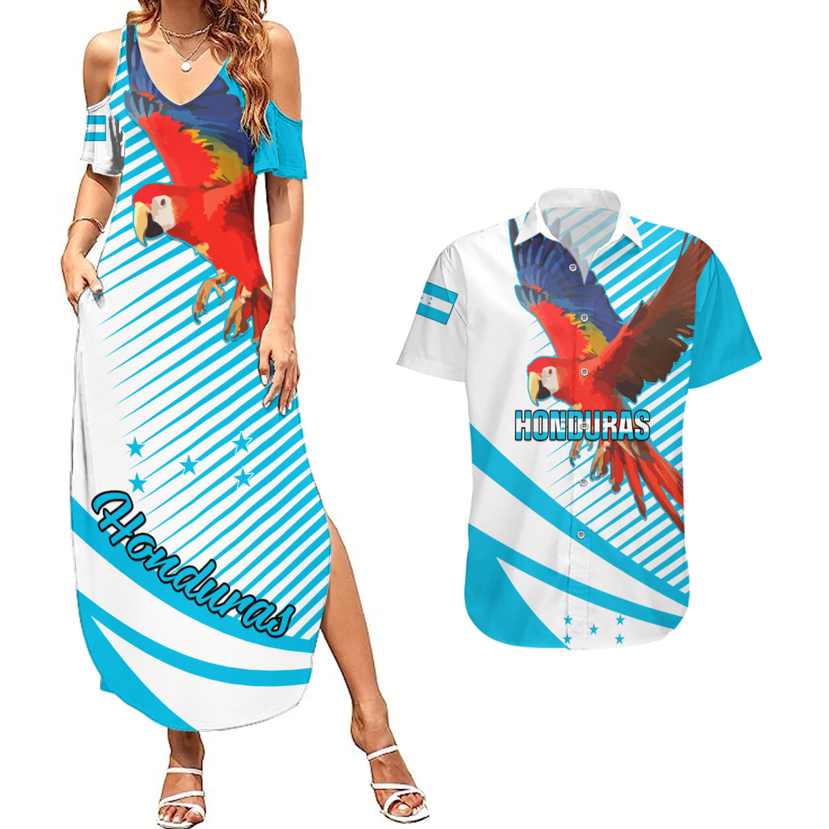 Honduras Couples Matching Summer Maxi Dress and Hawaiian Shirt Coat Of Arms With Scarlet Macaw - Wonder Print Shop