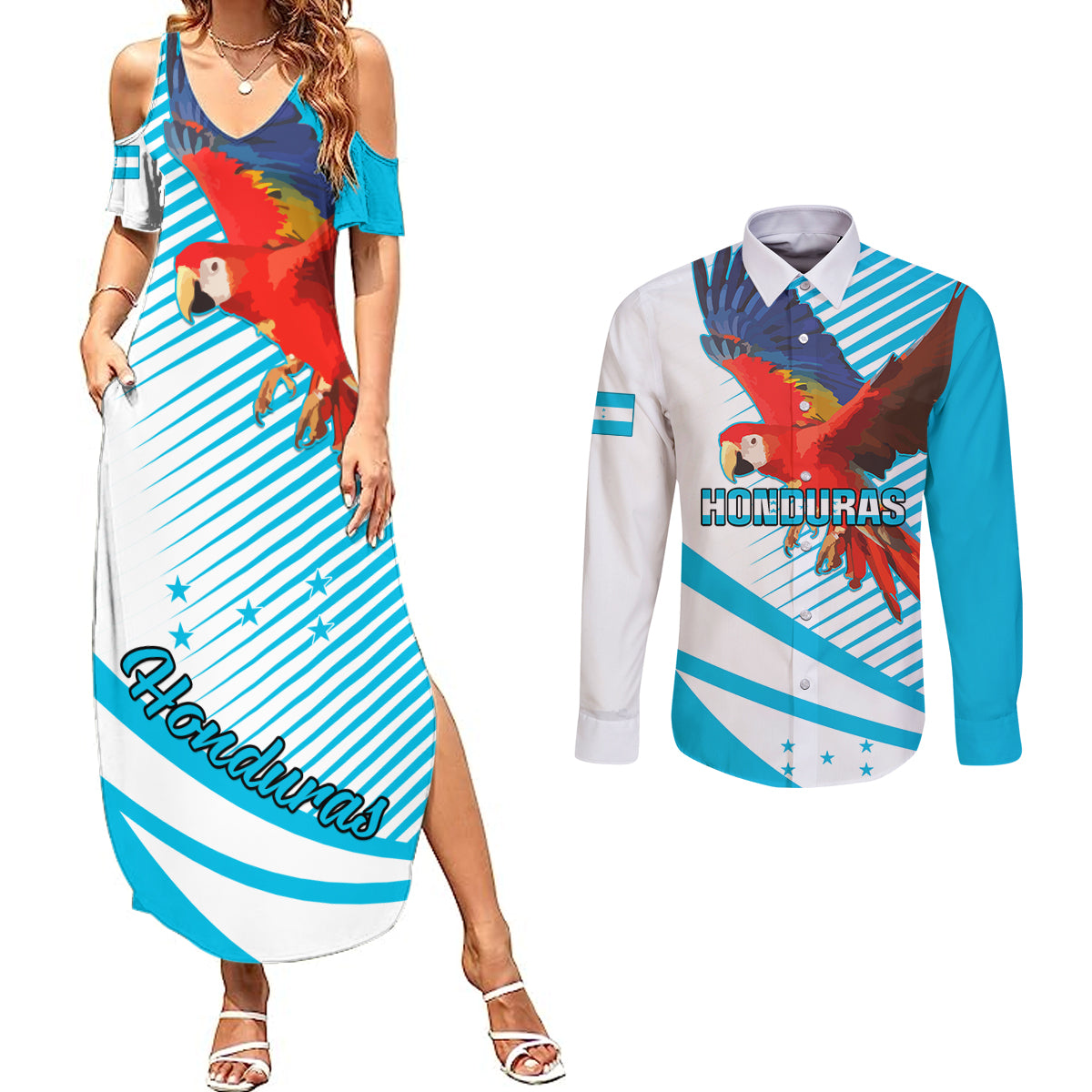 Honduras Couples Matching Summer Maxi Dress and Long Sleeve Button Shirts Coat Of Arms With Scarlet Macaw - Wonder Print Shop