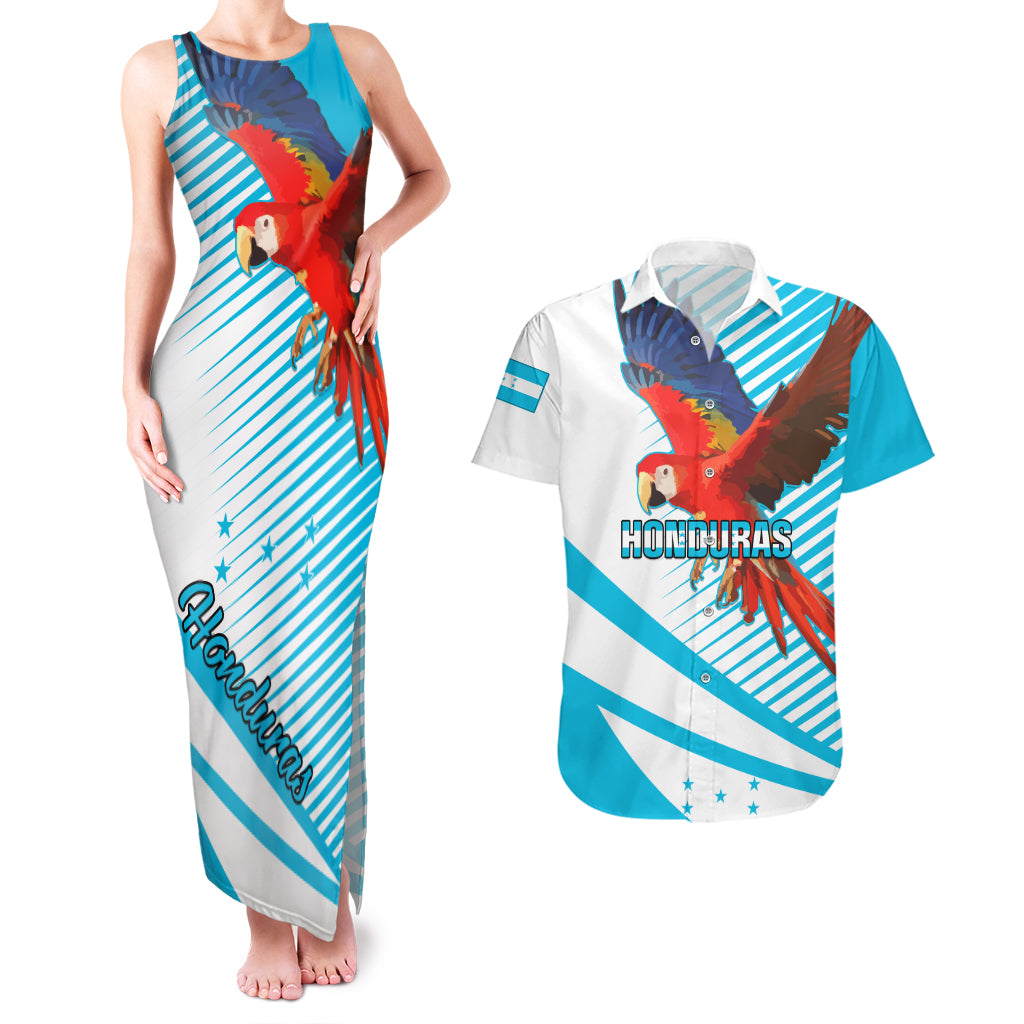 Honduras Couples Matching Tank Maxi Dress and Hawaiian Shirt Coat Of Arms With Scarlet Macaw - Wonder Print Shop