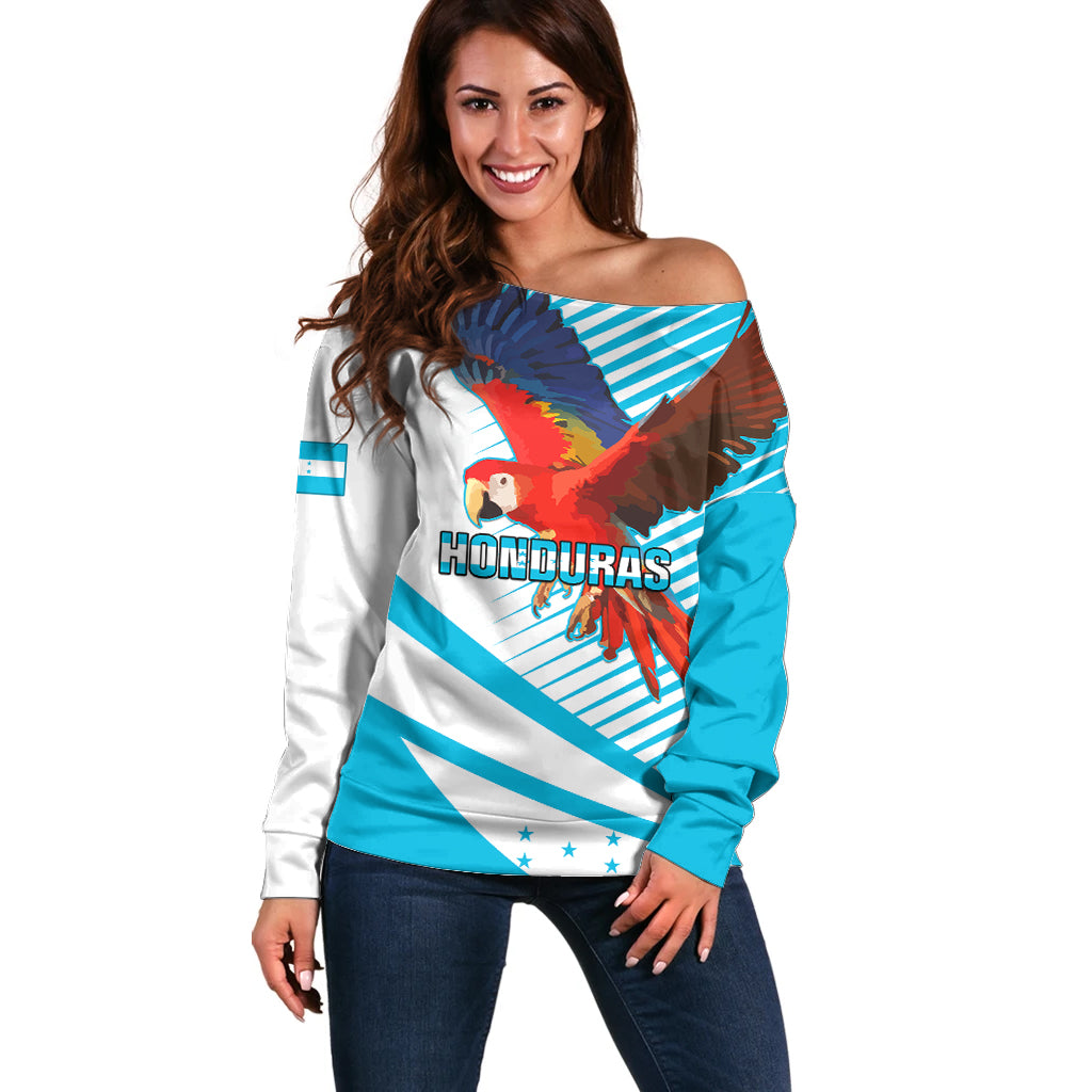 Honduras Off Shoulder Sweater Coat Of Arms With Scarlet Macaw - Wonder Print Shop