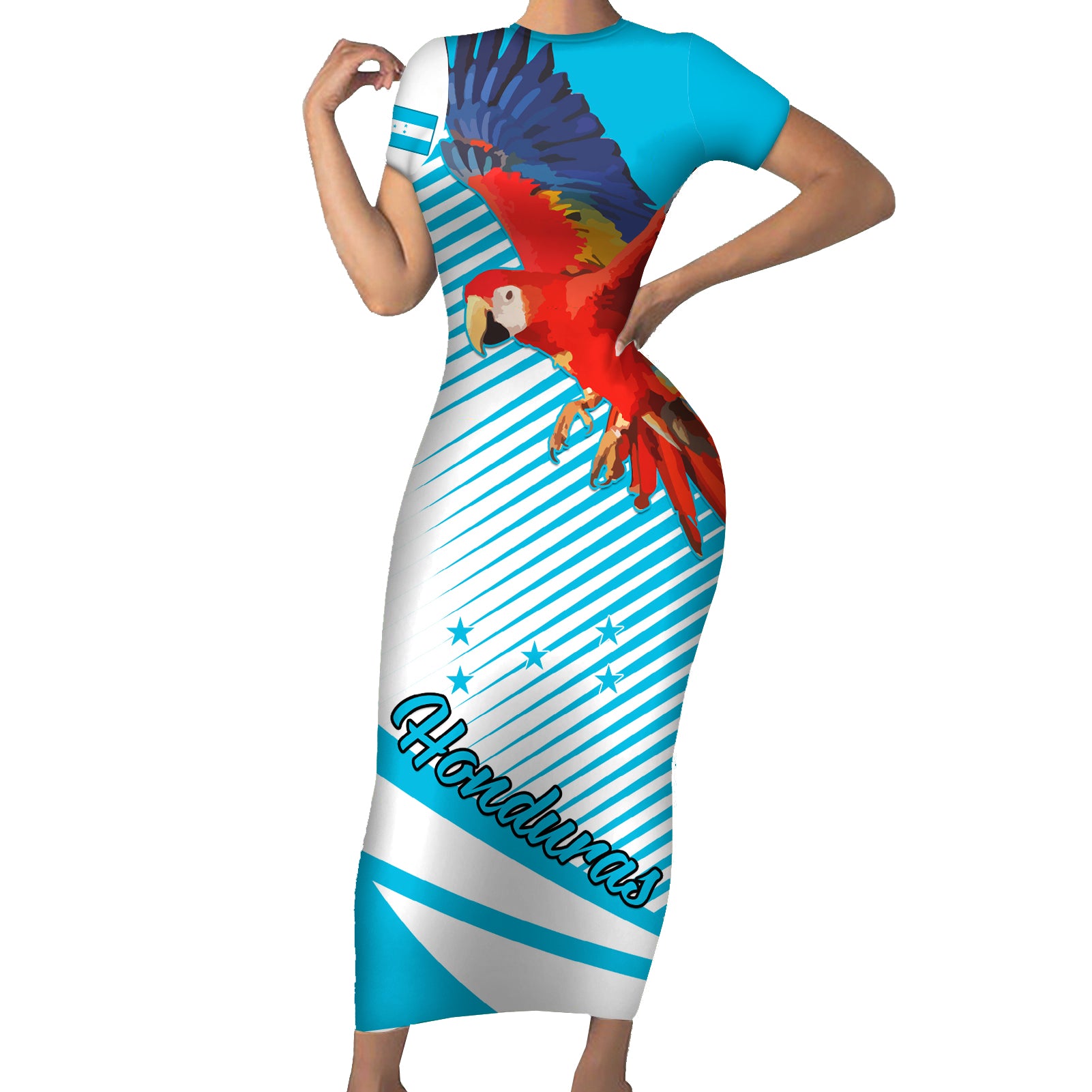 Honduras Short Sleeve Bodycon Dress Coat Of Arms With Scarlet Macaw - Wonder Print Shop