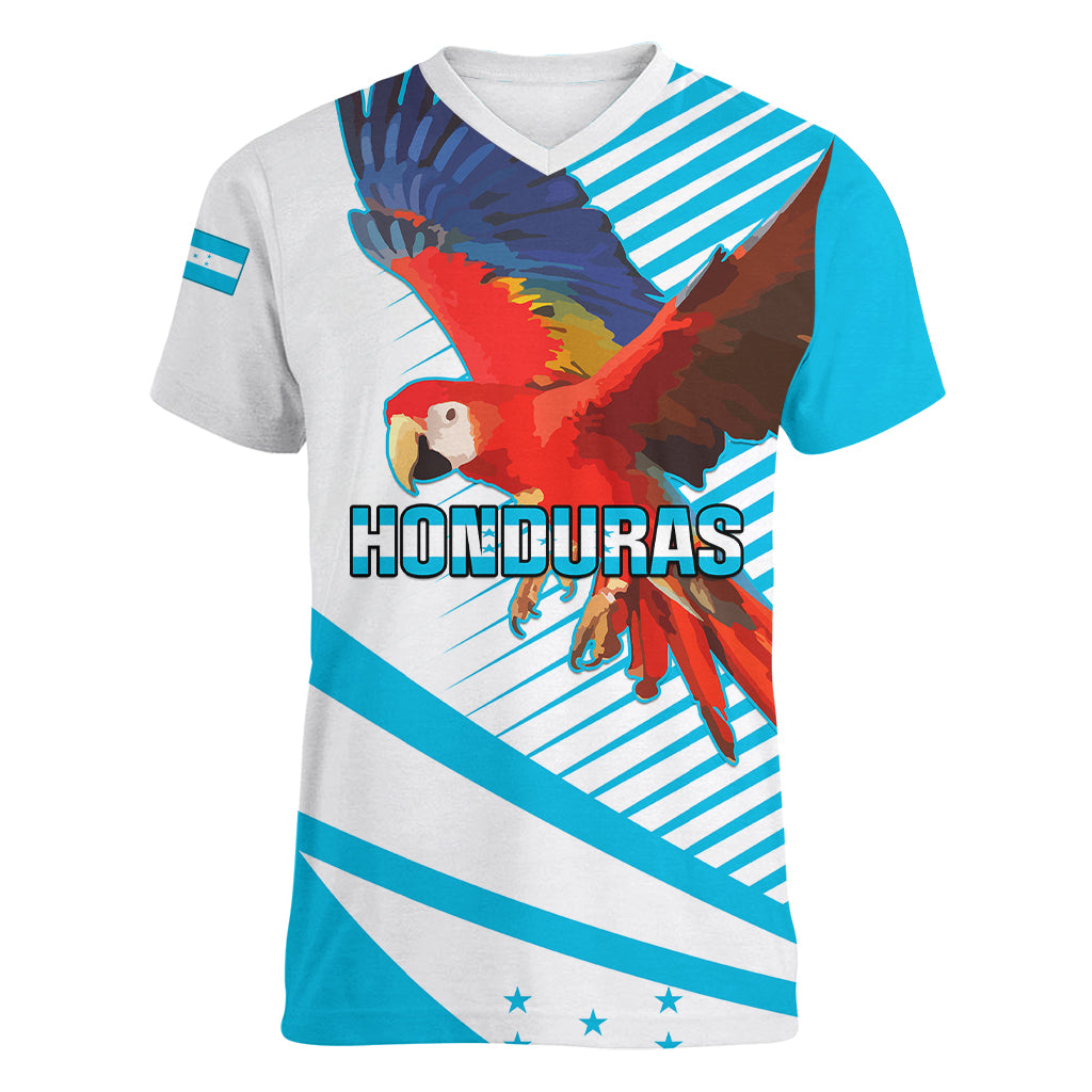 Honduras Women V Neck T Shirt Coat Of Arms With Scarlet Macaw - Wonder Print Shop