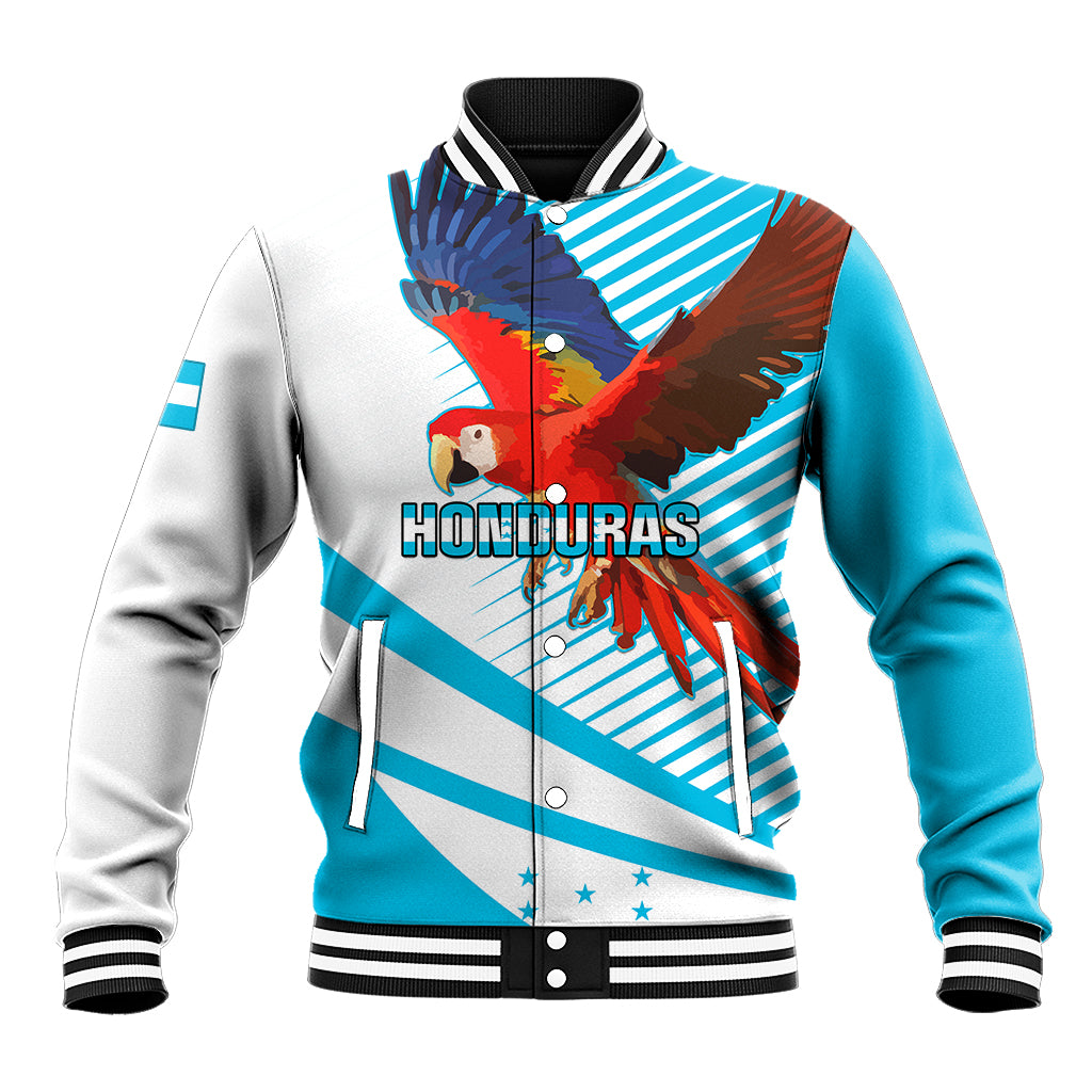 Blue baseball jacket with white stripes, colorful macaw graphic, zip front, ribbed cuffs.